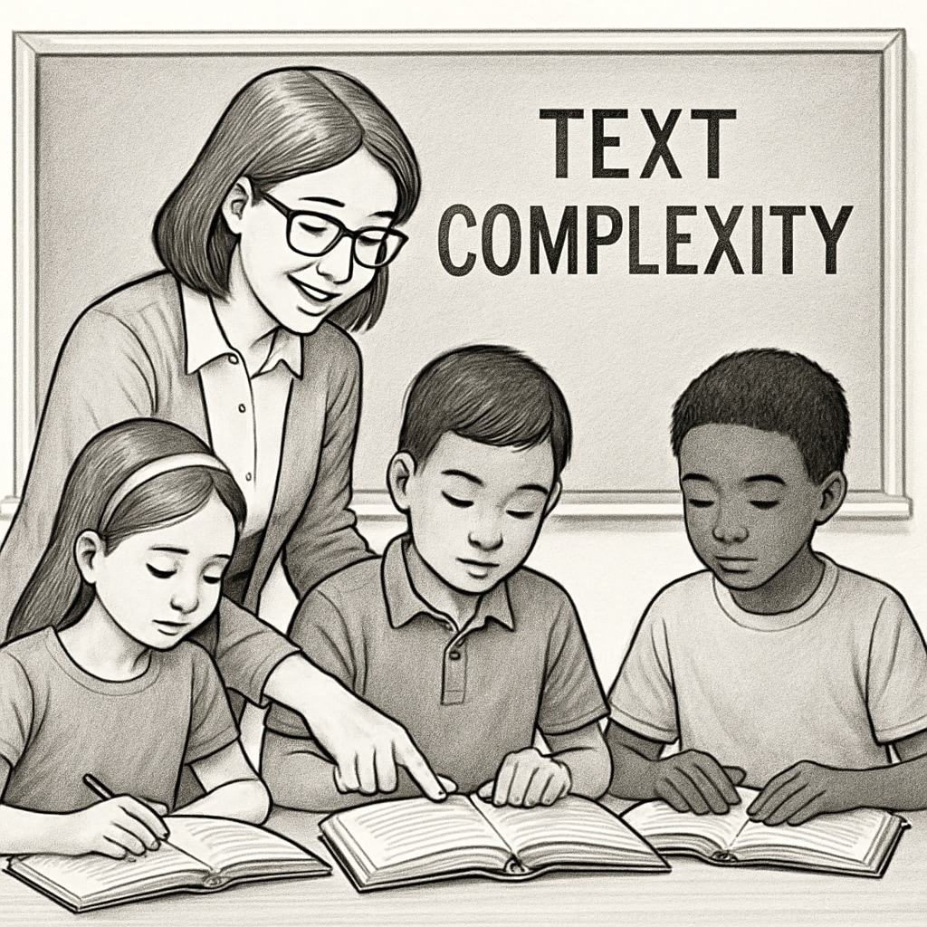 A teacher working with students on reading activities, showcasing the importance of text complexity. Teacher guiding students in reading activities, emphasizing text complexity.