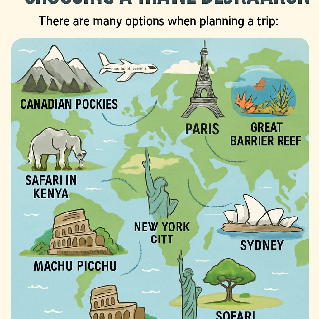 A dynamic short video showcasing popular travel destinations, with captions emphasizing decision-making. Short video illustrating travel destinations and decision-making.