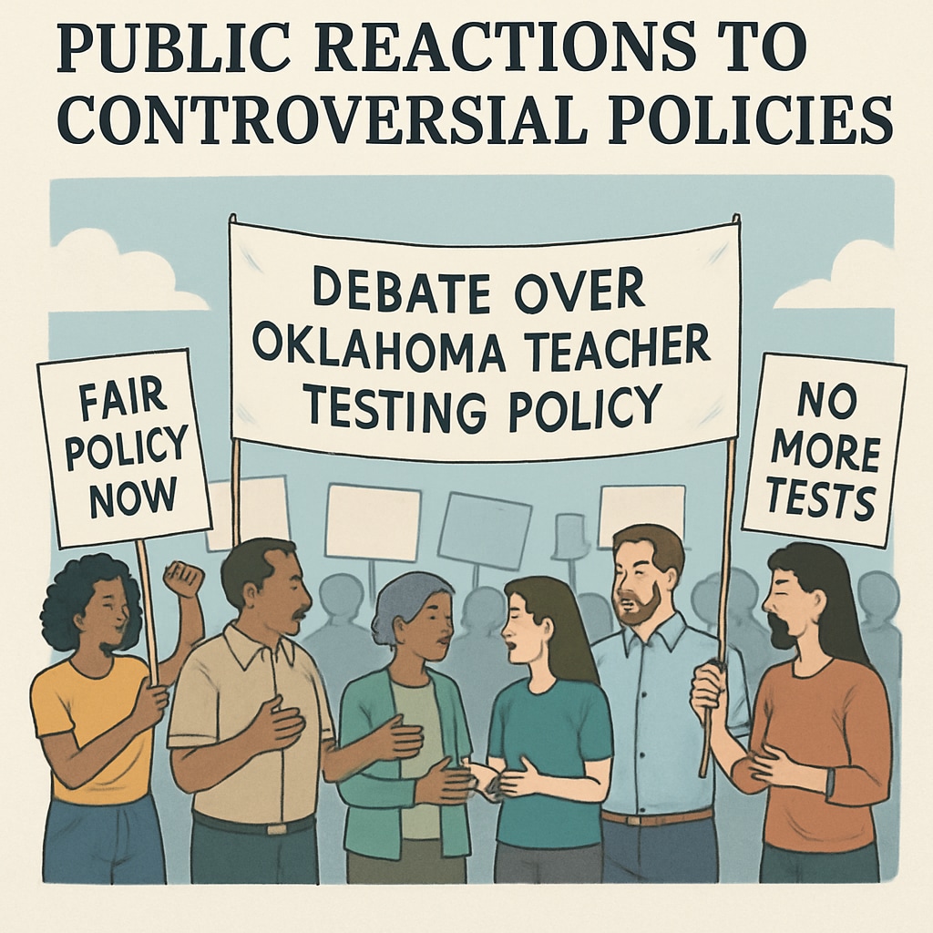A protest scene representing public reactions to controversial policies. The image highlights the societal impact and debates sparked by Oklahoma's teacher testing policy. Protesters reacting to political bias in teacher hiring policies in Oklahoma.