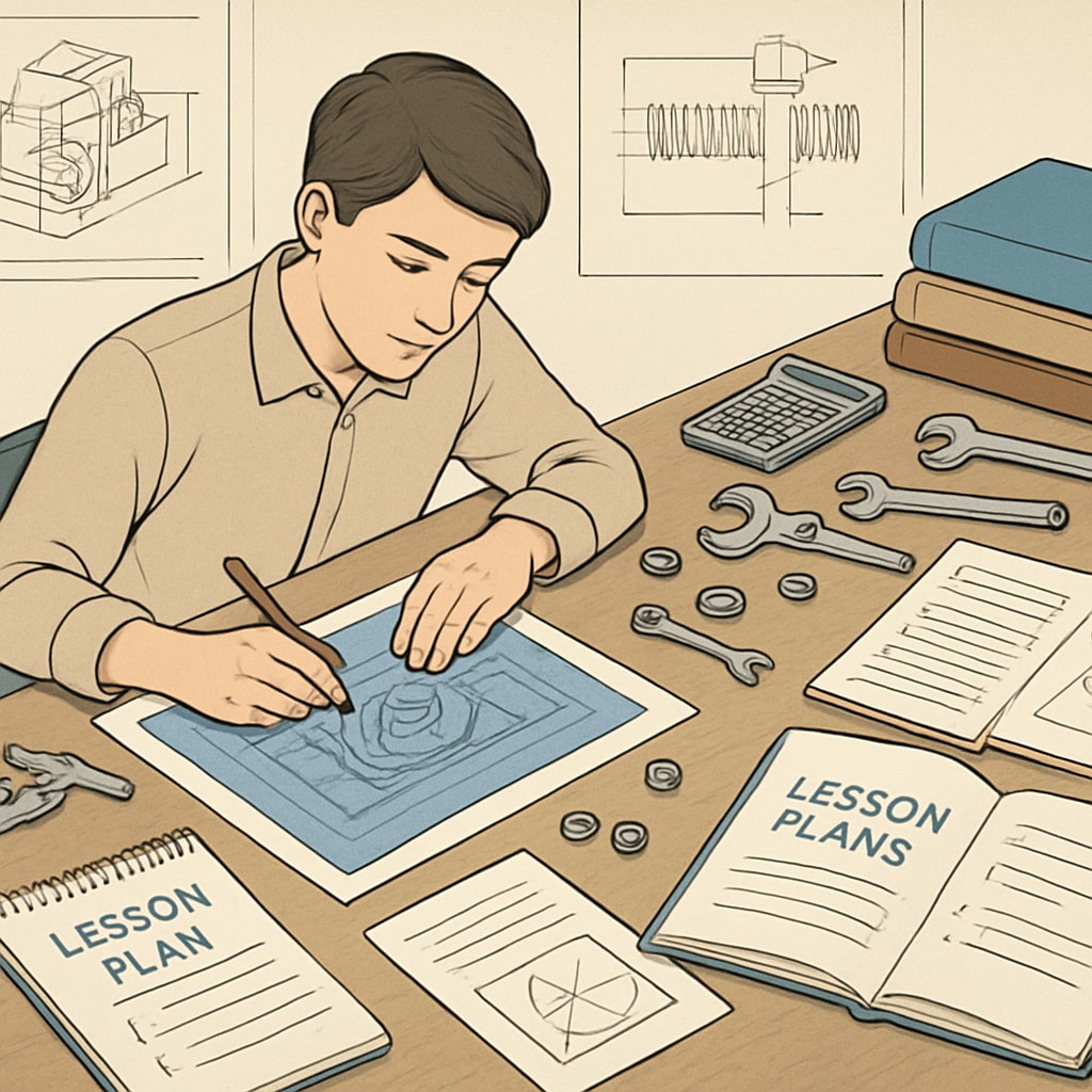 A student working on an engineering project while preparing educational lesson plans, showcasing the blend of technical and teaching skills. Engineering and education dual-degree student working on a project.