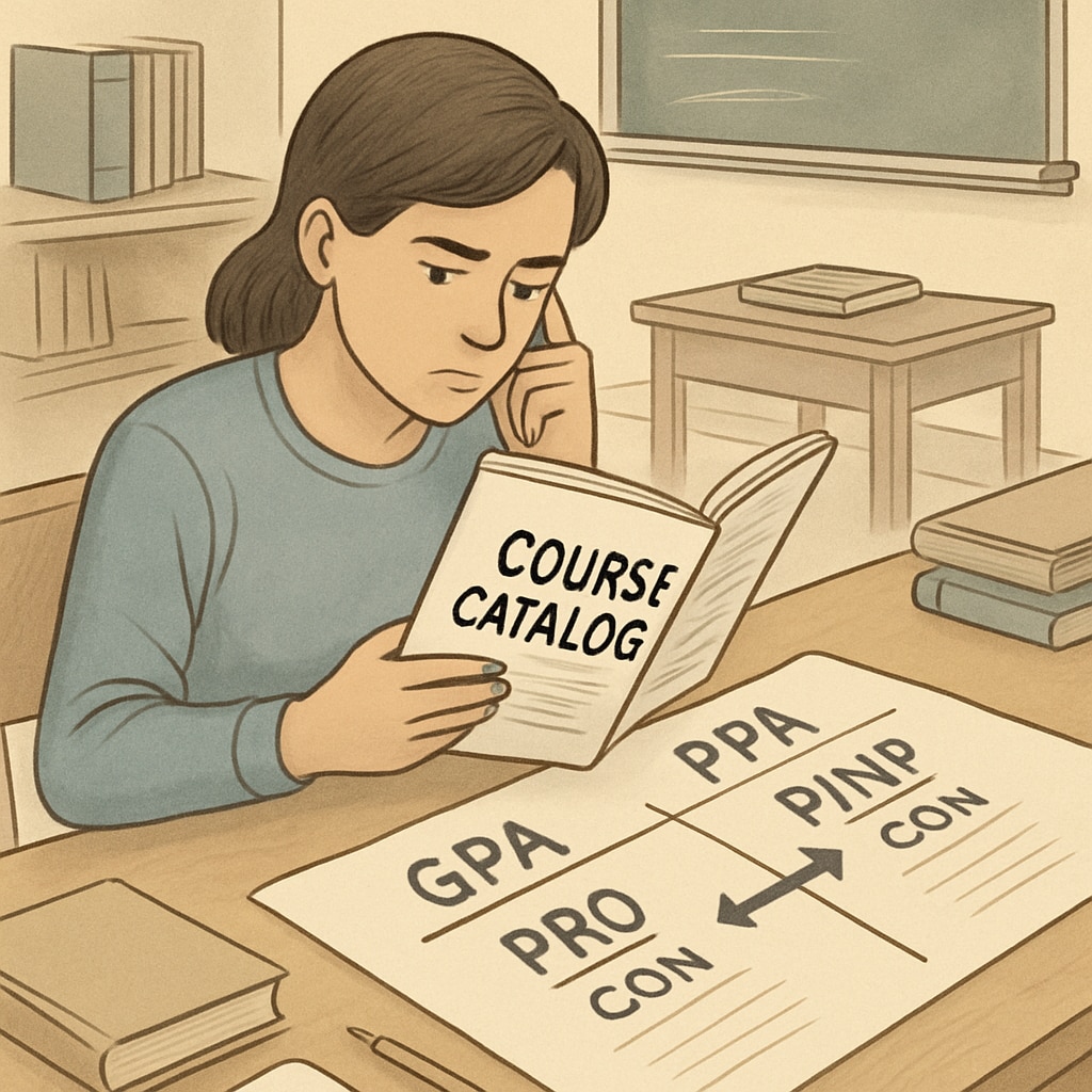 A student debating between GPA and P/NP options while reviewing a course catalog. Student weighing GPA and P/NP grading systems for career impact.