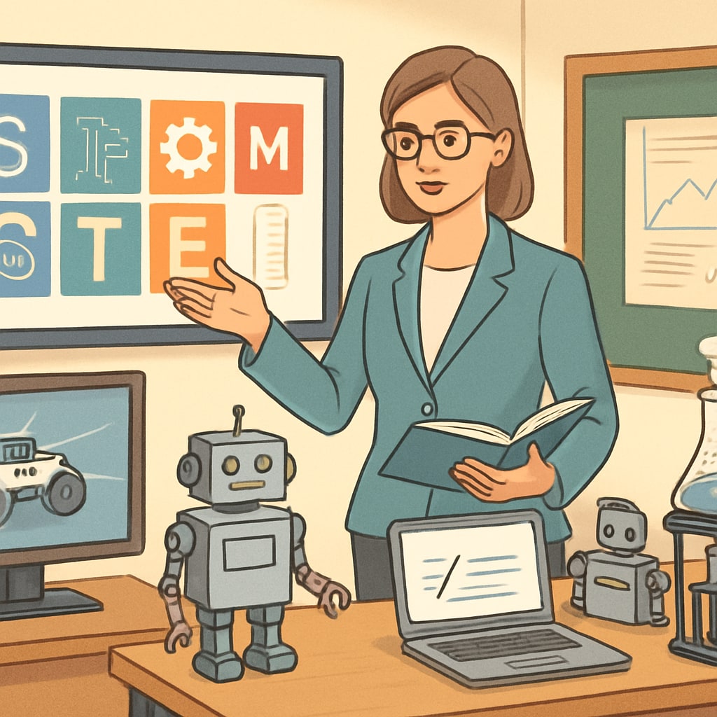 A classroom equipped with interactive STEM learning tools, symbolizing the contribution of engineering-educated teachers to modern education. Interactive STEM classroom with tools developed by engineering educators.