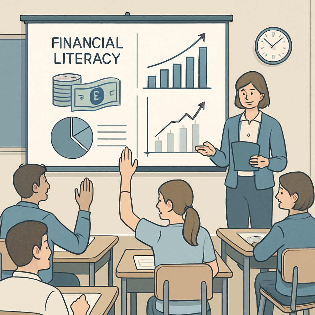 A classroom where students are engaged in a financial literacy workshop, with charts and graphs displayed on a projector screen. Students learning financial literacy concepts in a classroom setting with visual aids.