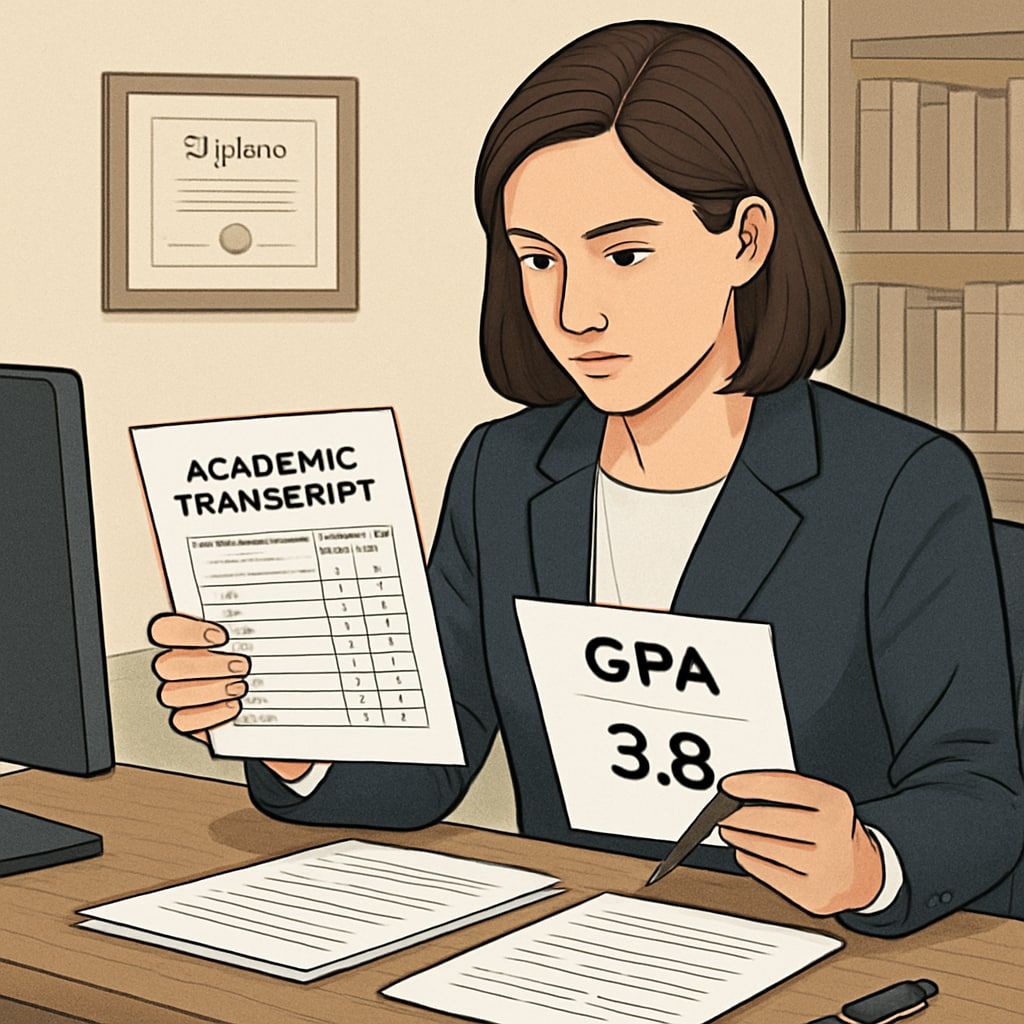 A recruiter reviewing a candidate's GPA and transcript during a job interview. Recruiter analyzing GPA on a transcript during career evaluation.