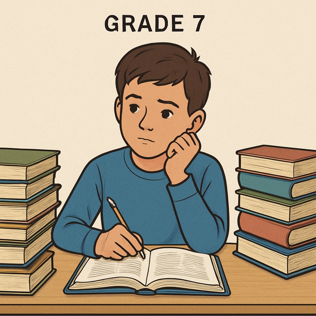 A seventh-grade boy sitting at a desk surrounded by books, looking thoughtful about his studies. Seventh-grade boy addressing academic challenges, family support, and youth development.