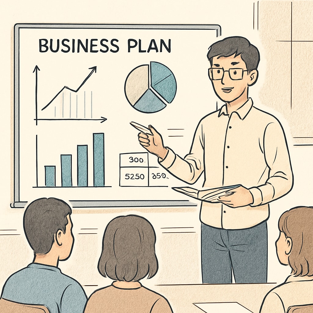 A student presenting a business plan to their classmates, showcasing graphs and financial projections on a whiteboard. Student presenting a business plan with financial projections in a classroom.