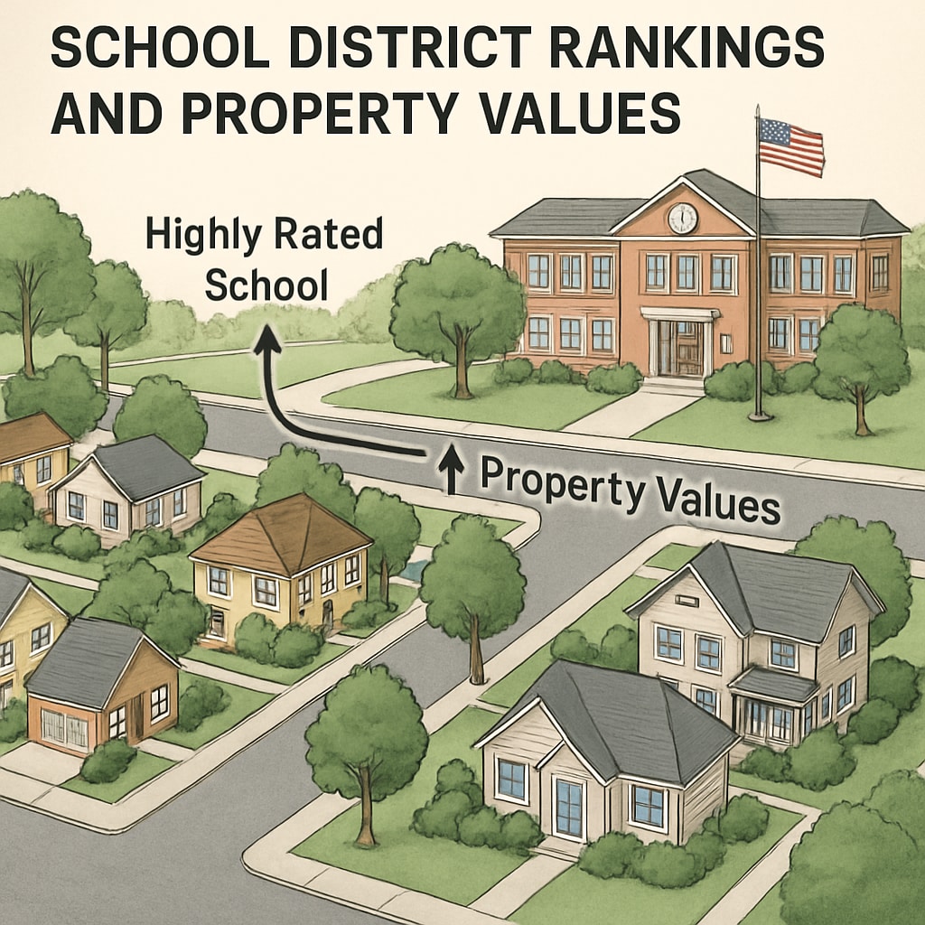 A suburban neighborhood featuring homes near a highly rated school, emphasizing the connection between school district rankings and property values. Suburban neighborhood tied to school district rankings and property values.