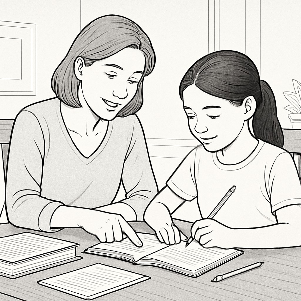 A parent and child working together on homework at the dining table, fostering family education. Family education supporting academic challenges and youth development in seventh-grade boys.