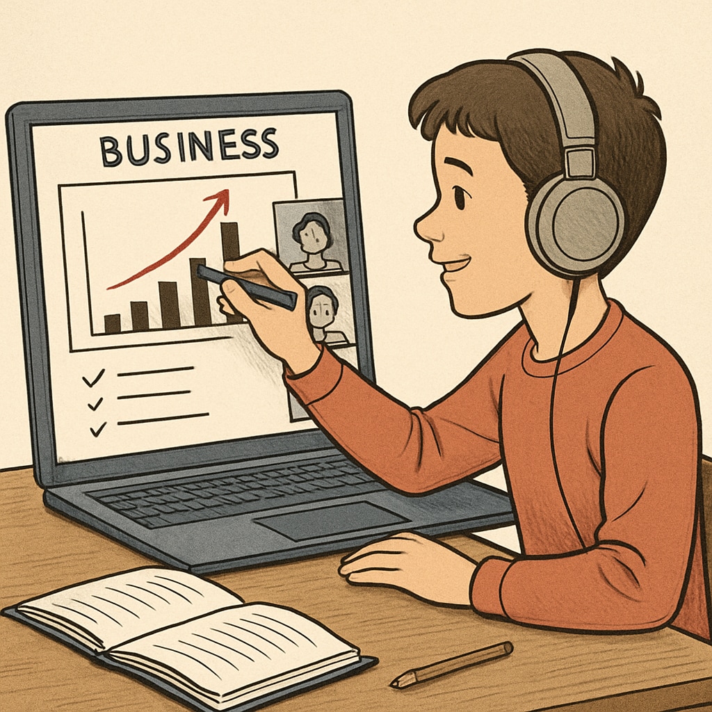 A young student participating in an online business education session, engaging with a virtual whiteboard and peers. A child engaging in a virtual business course, illustrating youth education.
