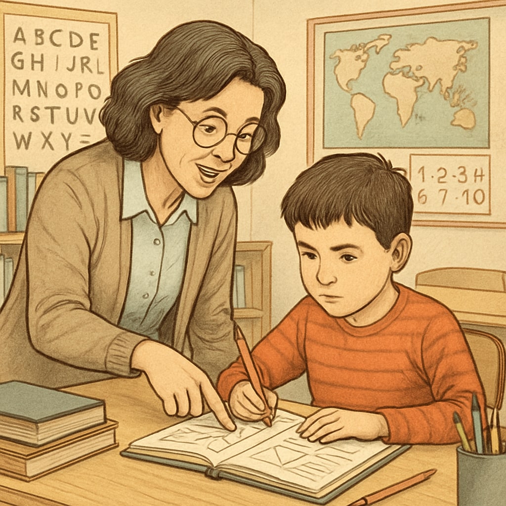 Teacher assistant helping a student with autism in class