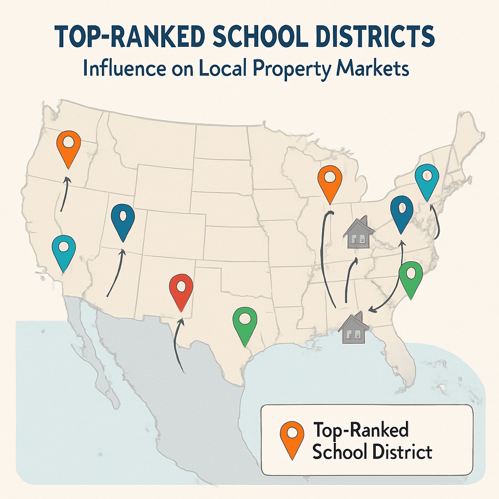 A map highlighting top-ranked school districts in the U.S., showing their influence on local property markets. Map of top-ranked school districts impacting property values.
