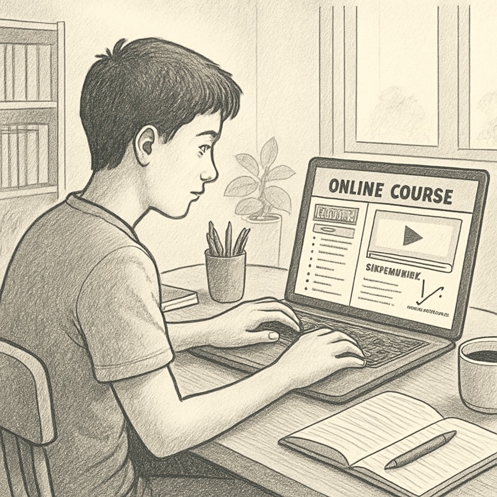 A high school student using a laptop to study via an online learning platform. The student is browsing through an educational course on the screen. High school student studying online via an education platform.