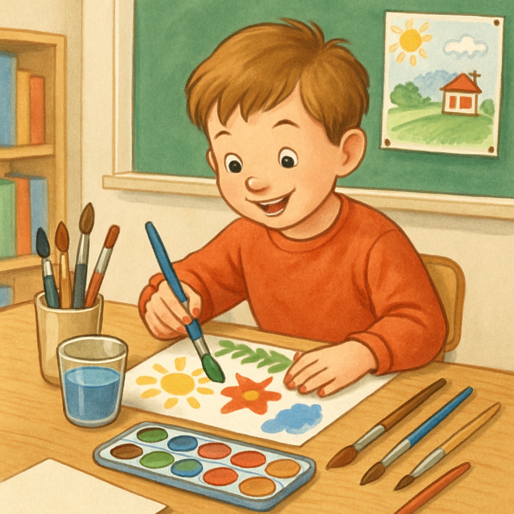 A young child painting enthusiastically, with art supplies like brushes, watercolors, and paper scattered around in a colorful setup. A four-year-old child exploring creativity with painting and art supplies.