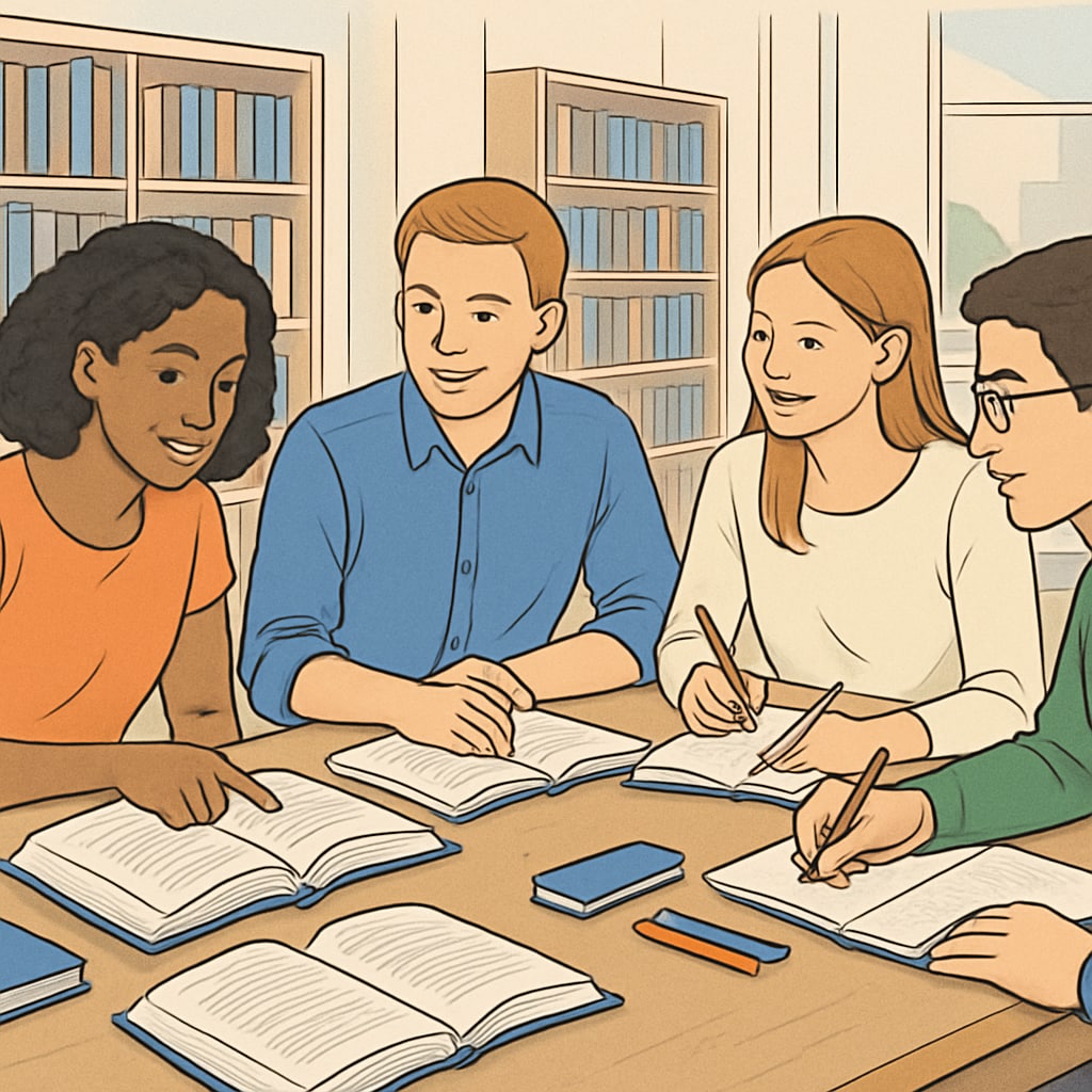 A group of students studying together in a library, discussing concepts from their textbooks. The setting emphasizes collaboration and teamwork. Group of students collaborating in a library using study resources.