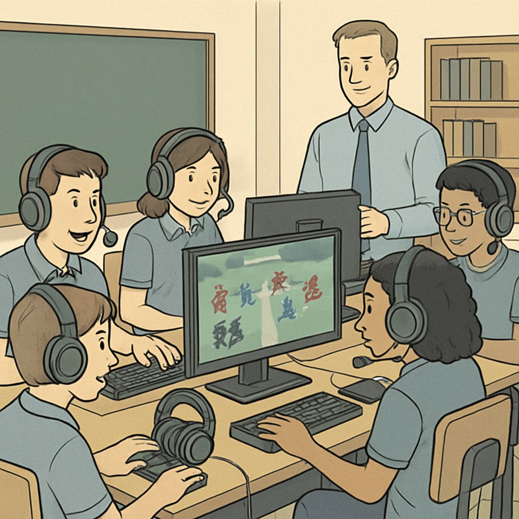 A classroom where students participate in an esports competition, showcasing teamwork and the integration of technology in education. Esports competition in a classroom setting, highlighting teamwork and education.