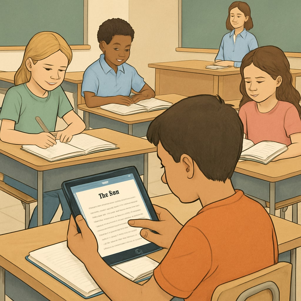 Fifth-grade student exploring a reading app as part of an interactive ELA lesson.