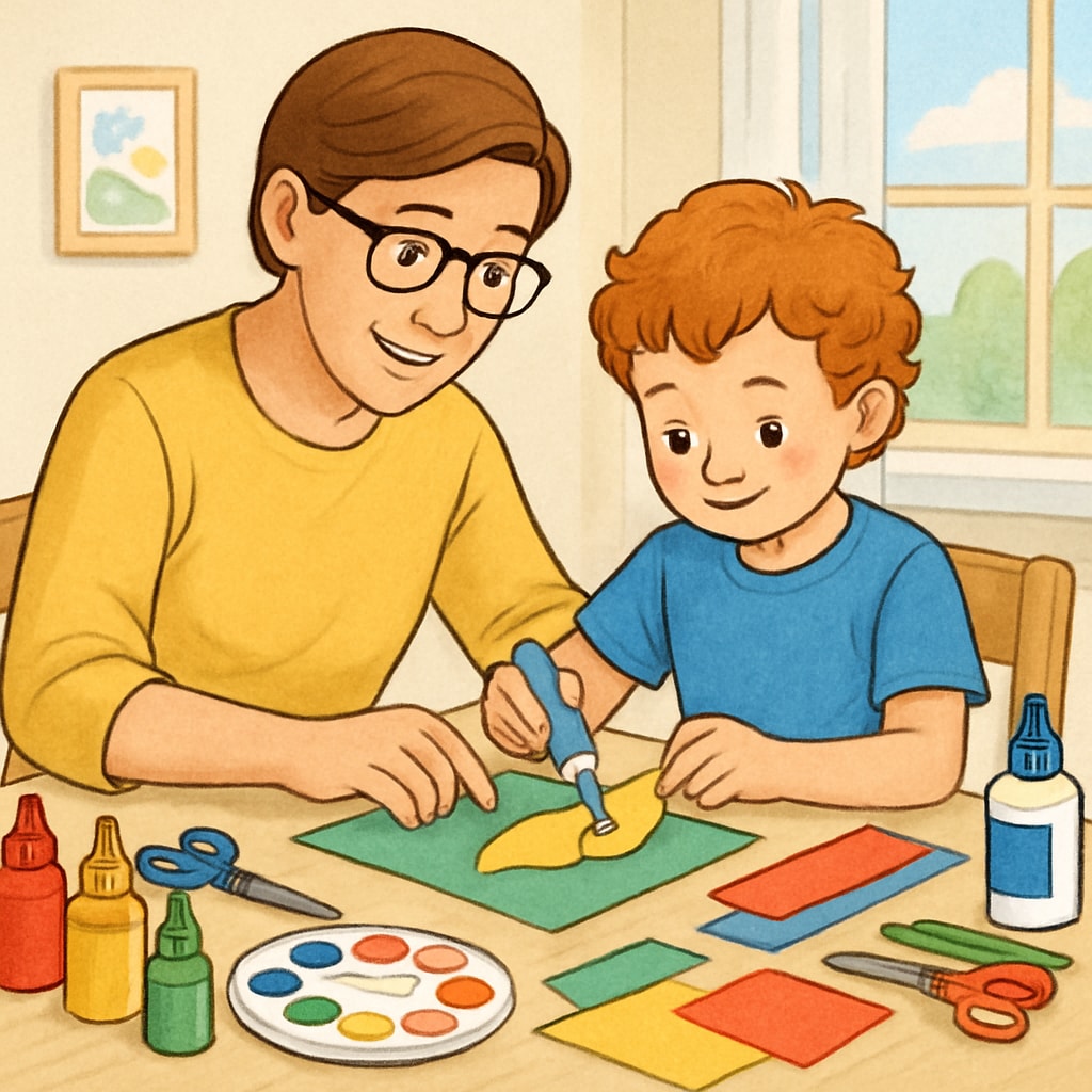 A parent and child working collaboratively on a DIY craft project, with vibrant materials like paints, glue, and scissors visible on the table. A parent and their creative four-year-old child working on a DIY project together.