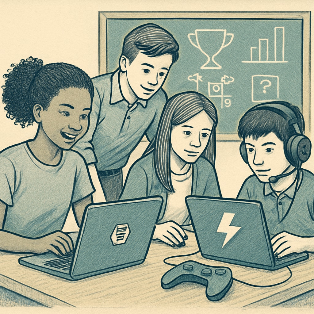 Students collaborating in a gamified learning environment, using laptops and esports-related tools to solve academic challenges. Gamified learning with students solving academic challenges using esports tools.
