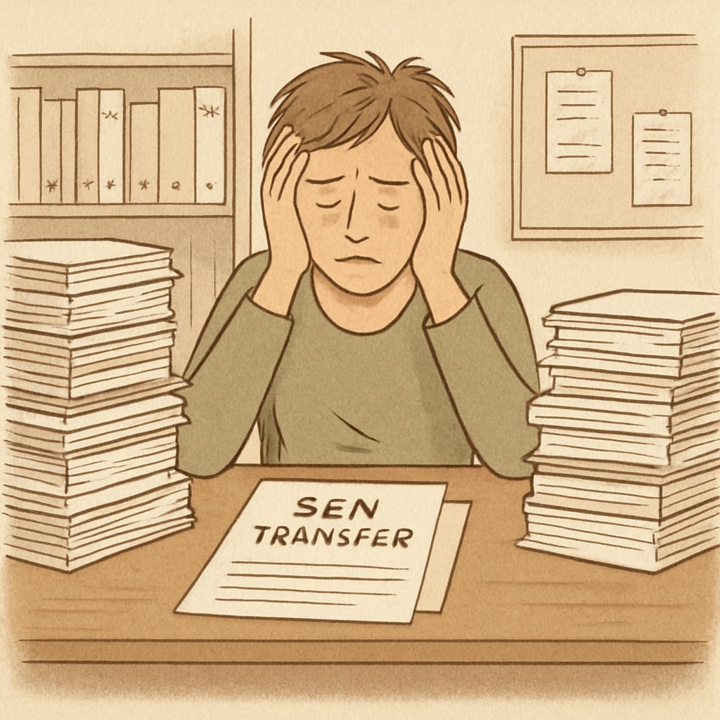A stressed parent sitting at a desk surrounded by paperwork, symbolizing administrative challenges in SEN school transfers. Parent struggling with paperwork related to special education needs school transfer.