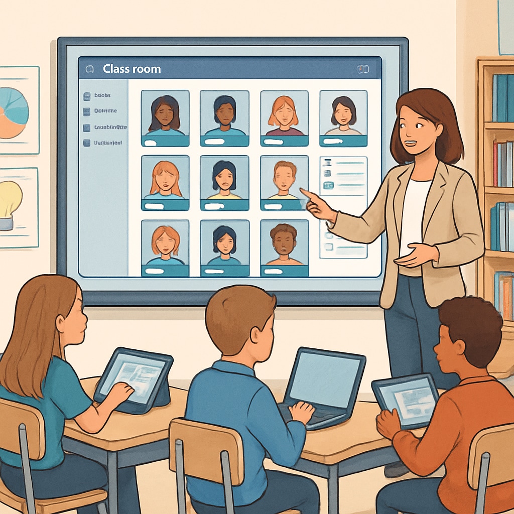 A teacher using a digital classroom management tool to connect with students. A teacher utilizing a digital tool to manage and engage a classroom.