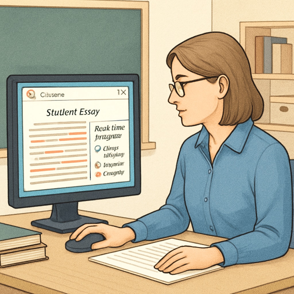 An illustration of a teacher using a Chrome extension to analyze a student's essay in real time. Teacher analyzing student essays using GPTZero, a free writing monitoring tool.