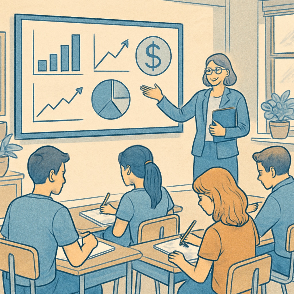 A classroom setting where students engage in a financial literacy lesson, with charts and graphs displayed on a screen. Financial literacy lesson in K12 classroom