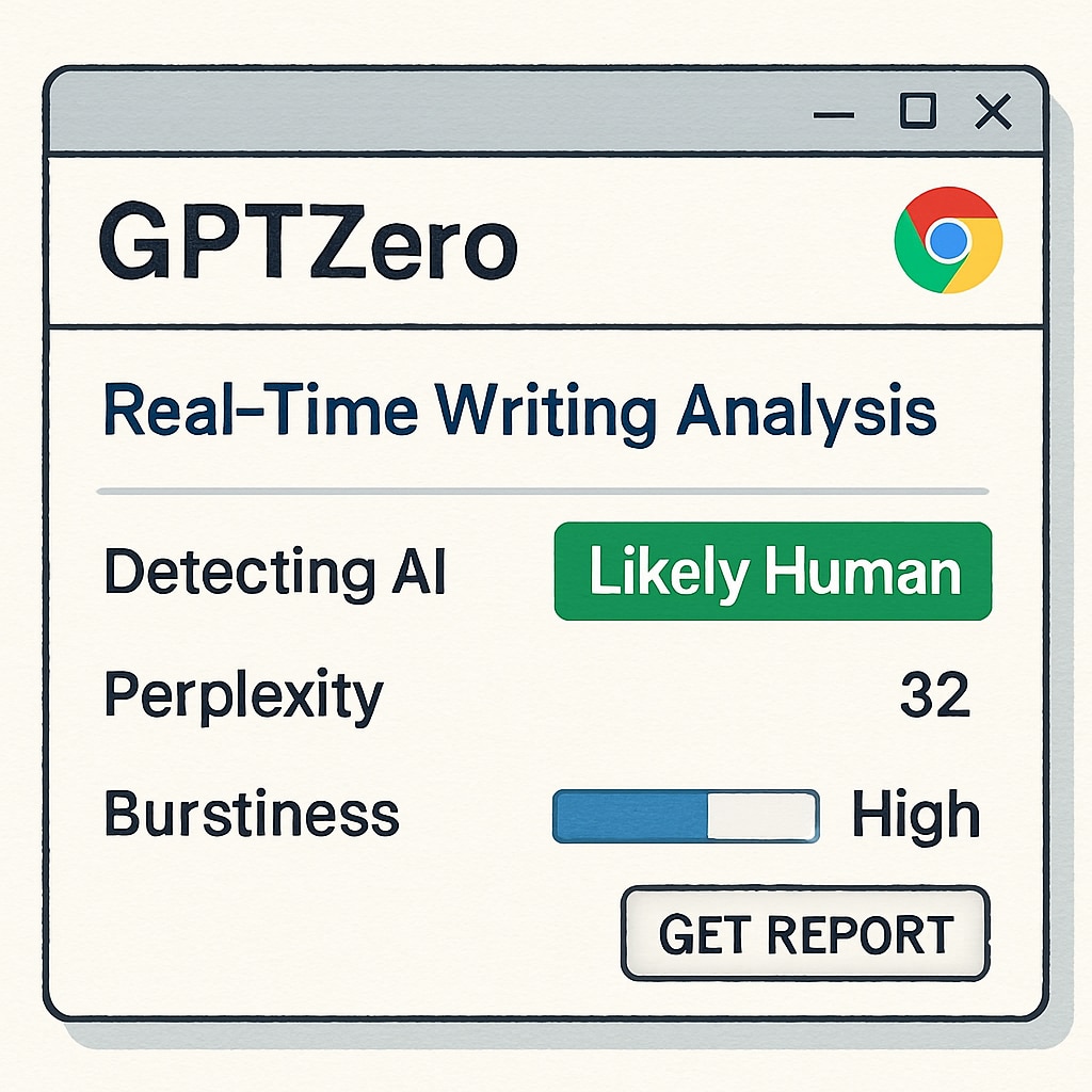 A close-up of the GPTZero Chrome extension interface, showcasing its real-time writing analysis dashboard. GPTZero interface displaying real-time writing insights for K12 educators.