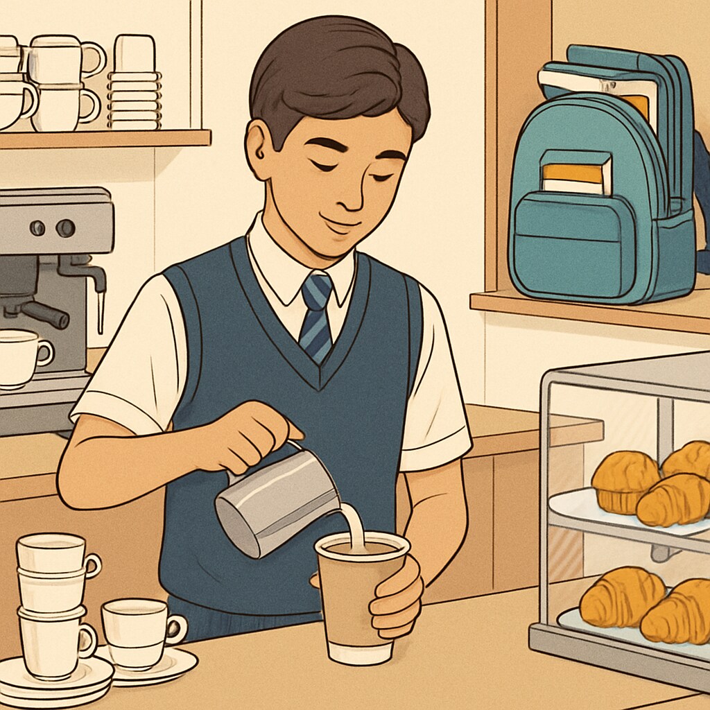 A high school student working at a café, balancing their job with academic responsibilities. High school student working at a café, representing balance between work and studies.