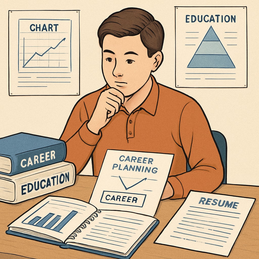 A young adult sitting at a desk, surrounded by career and education planning materials. The image symbolizes the crossroads of career and academic decision-making. A young adult planning career and education choices, illustrating the balance between personal interests and societal expectations.