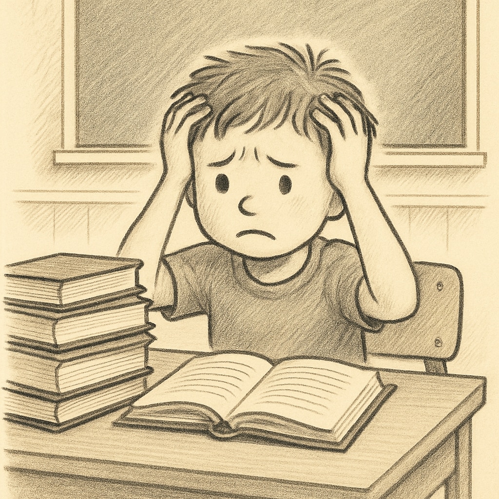 A young child sitting at a desk with a stack of books, looking stressed. A stressed first grader overwhelmed with books and academic tasks.