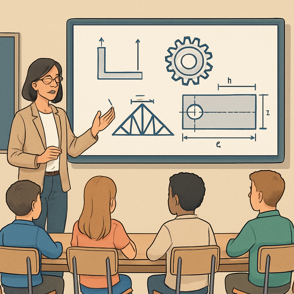 A classroom with a teacher explaining engineering concepts to students using a digital whiteboard. STEM education classroom showcasing education and engineering dual degrees.