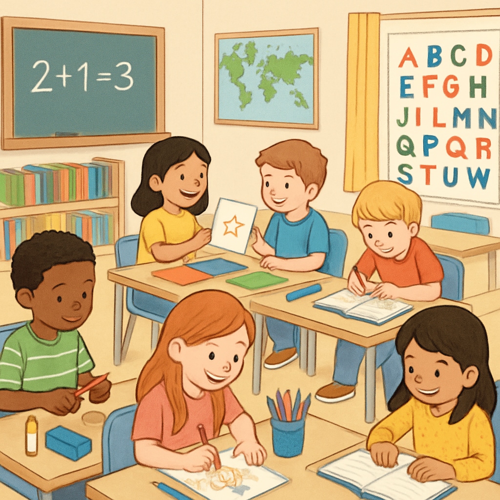 A classroom with young students engaged in playful, creative activities. First graders happily participating in creative classroom activities.