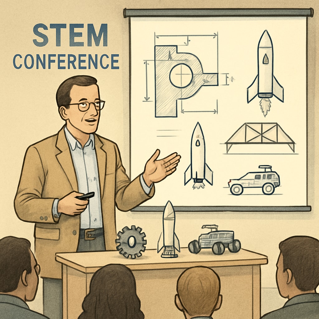 A professional presenting an educational engineering project at a STEM conference. STEM conference presentation demonstrating dual-degree expertise in education and engineering.