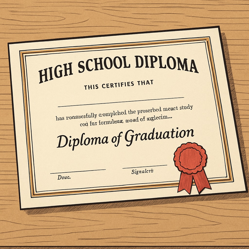 A high school diploma placed on a wooden table, symbolizing achievement and growth. High school diploma on a table, representing success and progress.