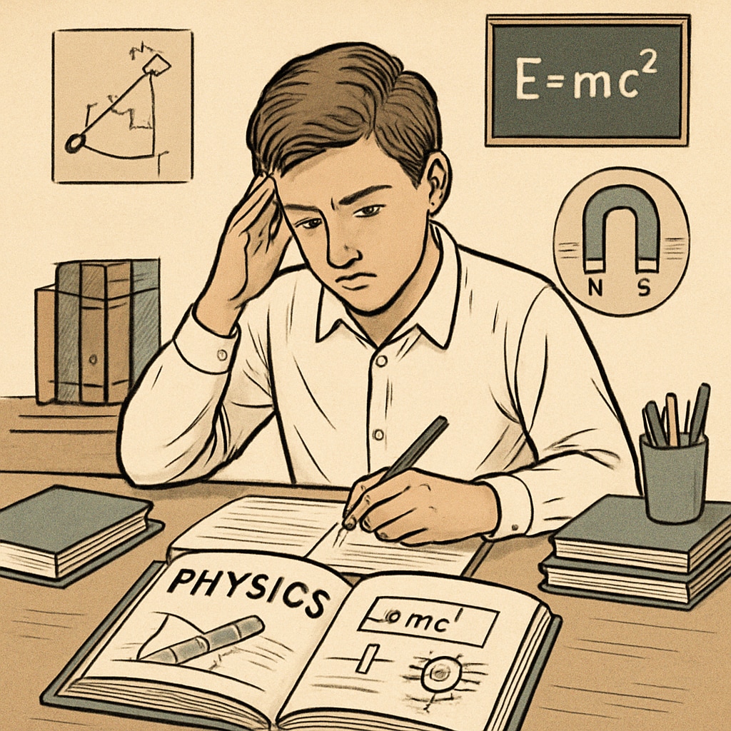 A student revising physics concepts with a textbook and notes, symbolizing focused preparation. A student studying physics concepts with a textbook and notes, highlighting exam preparation and time management.