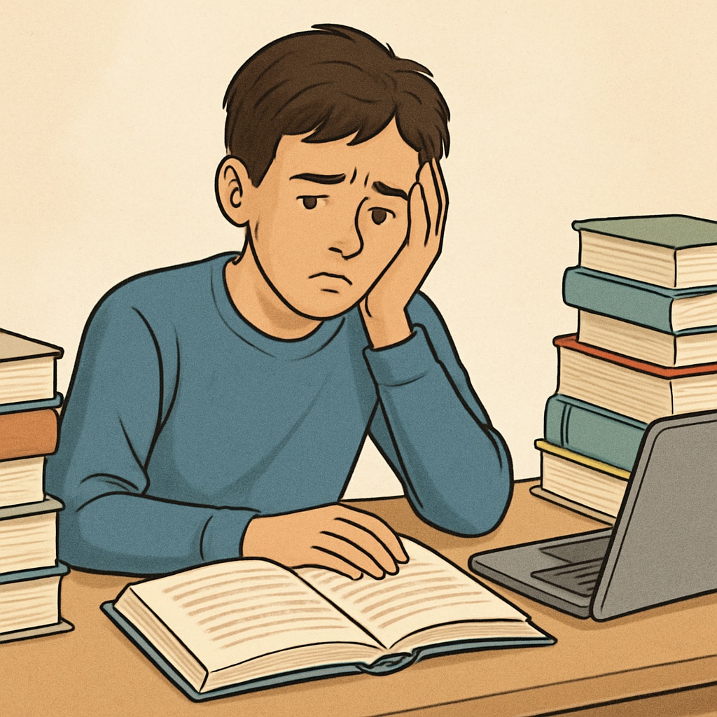 A concerned teenager sitting at a desk, surrounded by books and a laptop, symbolizing academic challenges and the need for support. A teenager struggling with academic challenges, surrounded by books and a laptop.