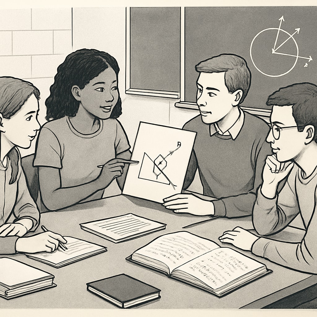 A group of students discussing physics problems, emphasizing collaborative learning and support. Students collaborating on physics problems, demonstrating the importance of teamwork in clearing backlogs.