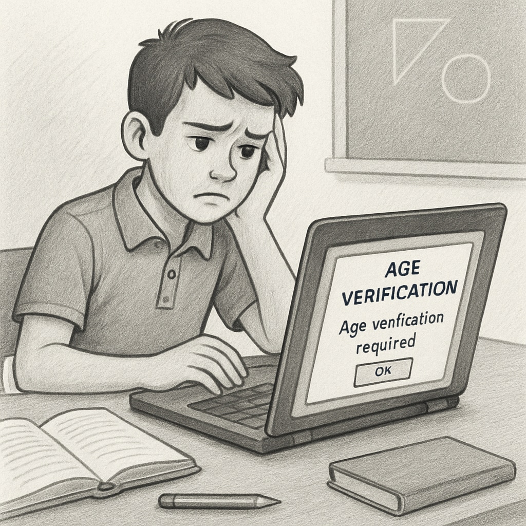 A student frustrated while trying to access educational content on a laptop due to age verification requirements. A student experiencing difficulty with age verification while accessing educational materials.