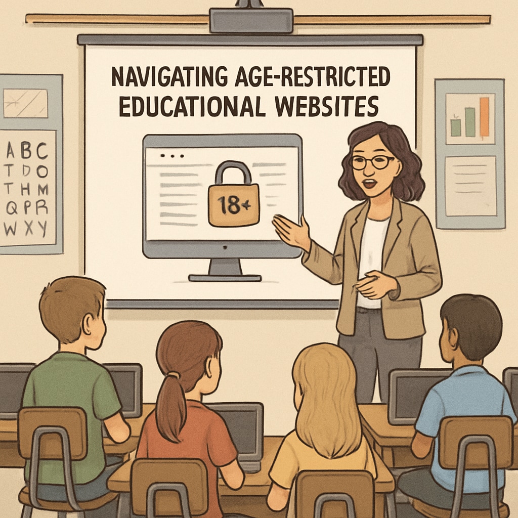 A teacher guiding students on how to navigate age-restricted educational websites in a classroom setting. A teacher helping students access age-restricted online educational resources.