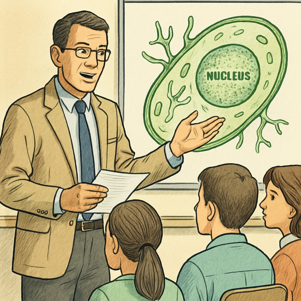 A passionate STEM teacher explaining a biology concept to a classroom of students. STEM teacher explaining biology concept in a classroom setting.