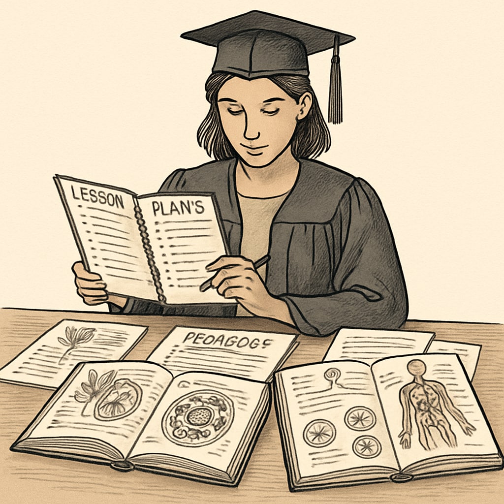 A biology graduate preparing lesson plans with notes and textbooks on both biology and pedagogy. Biology graduate working on lesson plans for teaching biology.