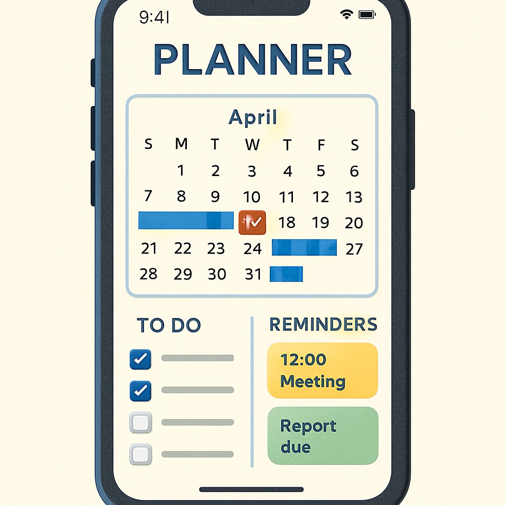A planner or scheduling app on a smartphone, representing effective time management tools for professionals. A smartphone displaying a planner app, illustrating time management strategies for work and study.
