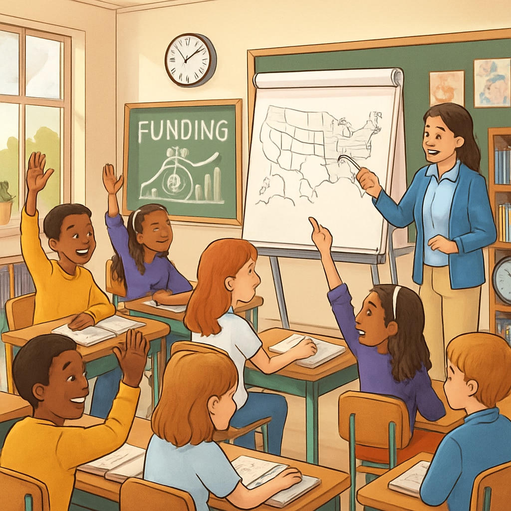 A classroom filled with diverse students engaging in an interactive learning activity, representing the impact of funding on public education. Public school students in a classroom, demonstrating the impact of education funding.