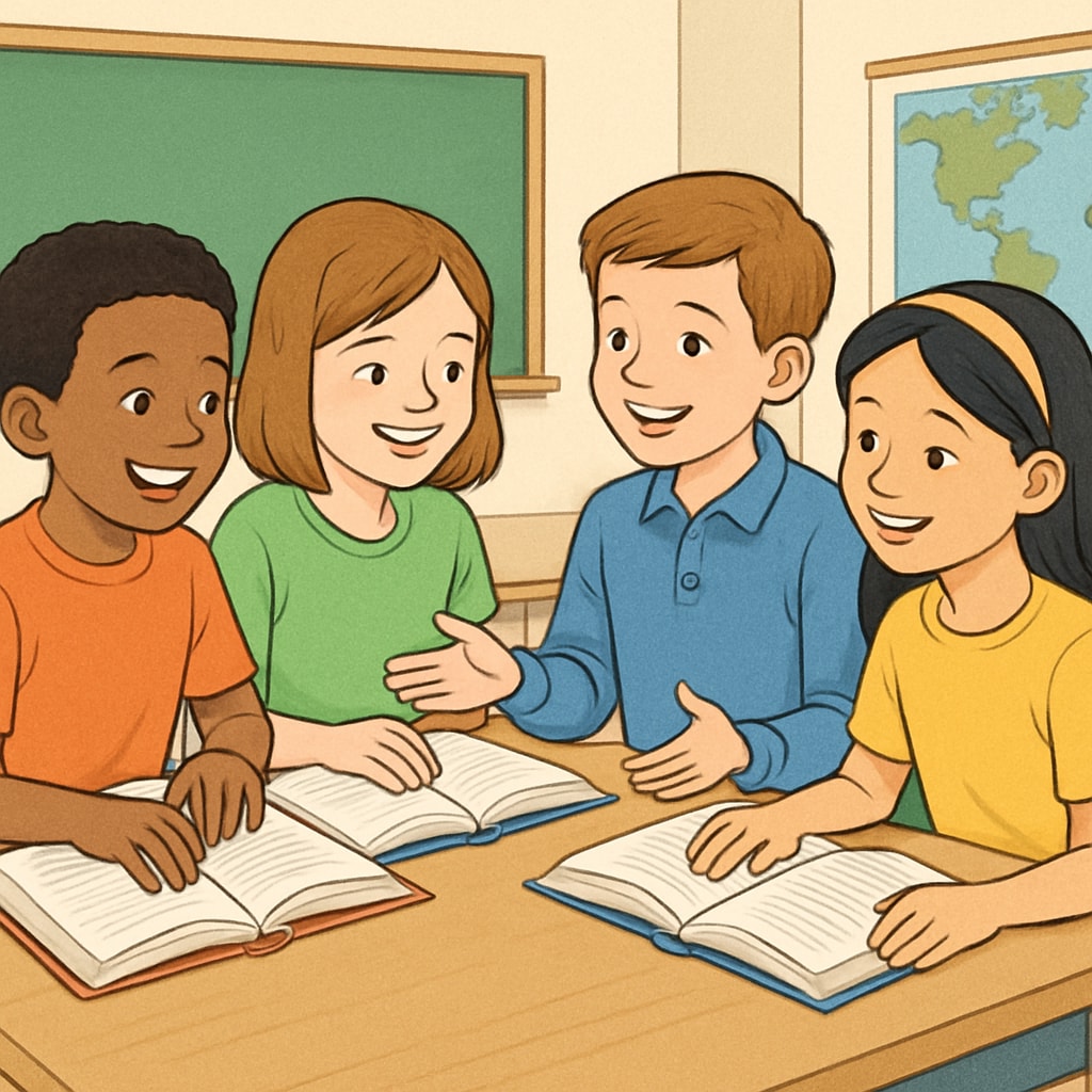 A group of elementary school students engaged in a collaborative reading session, smiling and discussing the story. Kids reading together to improve comprehension, highlighting free alternatives to A.R. reading systems.