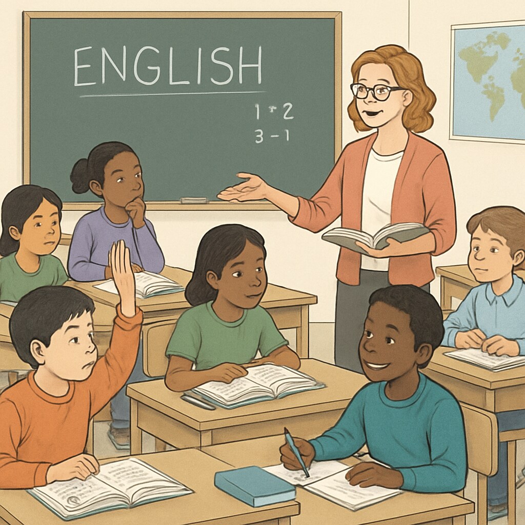 A classroom setting where students are learning in English, showcasing the challenges and dynamics of transitioning from native-language education. Students learning in an English-speaking classroom, representing language adaptation challenges.