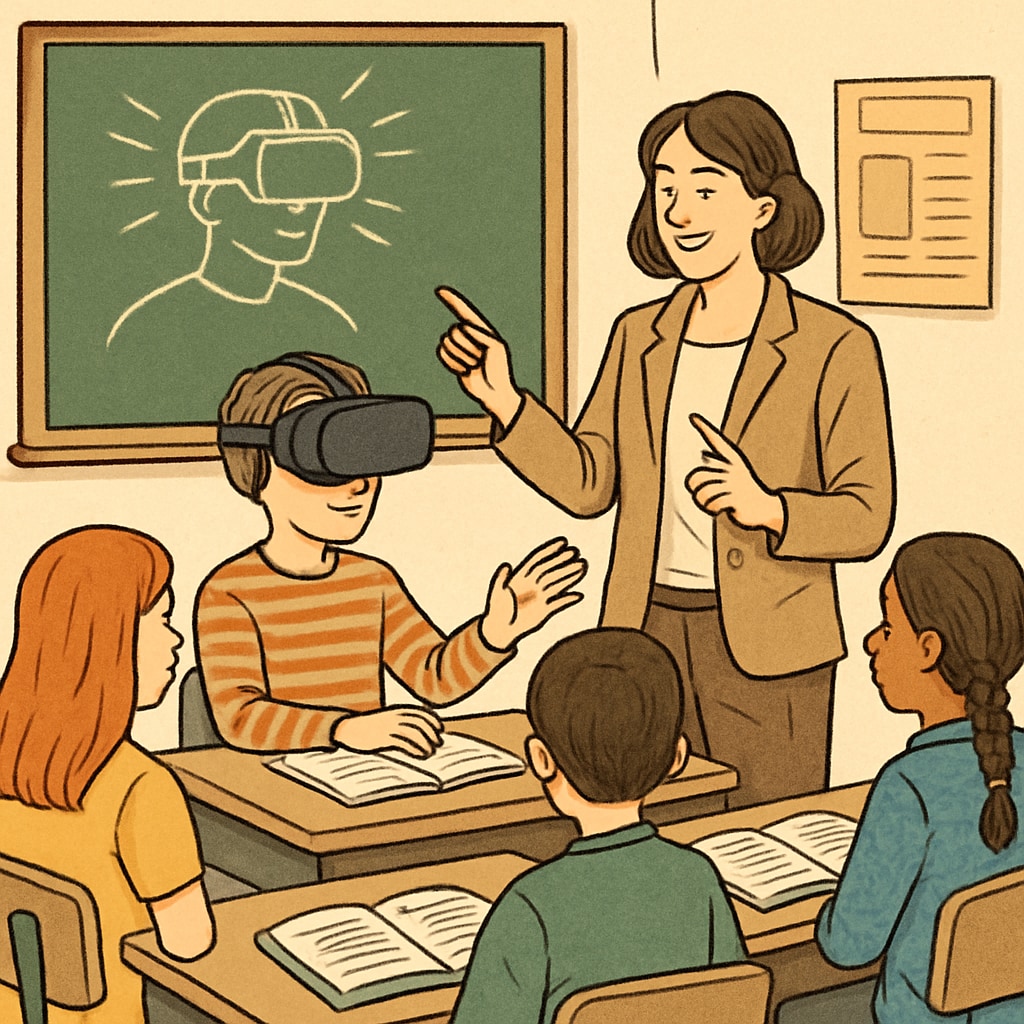 A teacher using virtual reality technology in a public school classroom, illustrating innovative teaching methods. Public school teacher using VR technology to modernize education.
