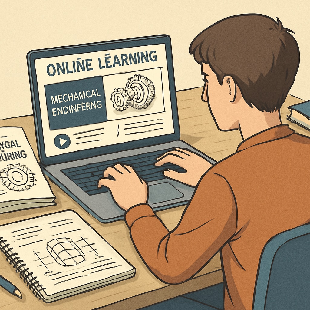 A mechanical engineering student studying alongside their laptop, showcasing an online learning platform. Mechanical engineering student using an online learning platform for career development.