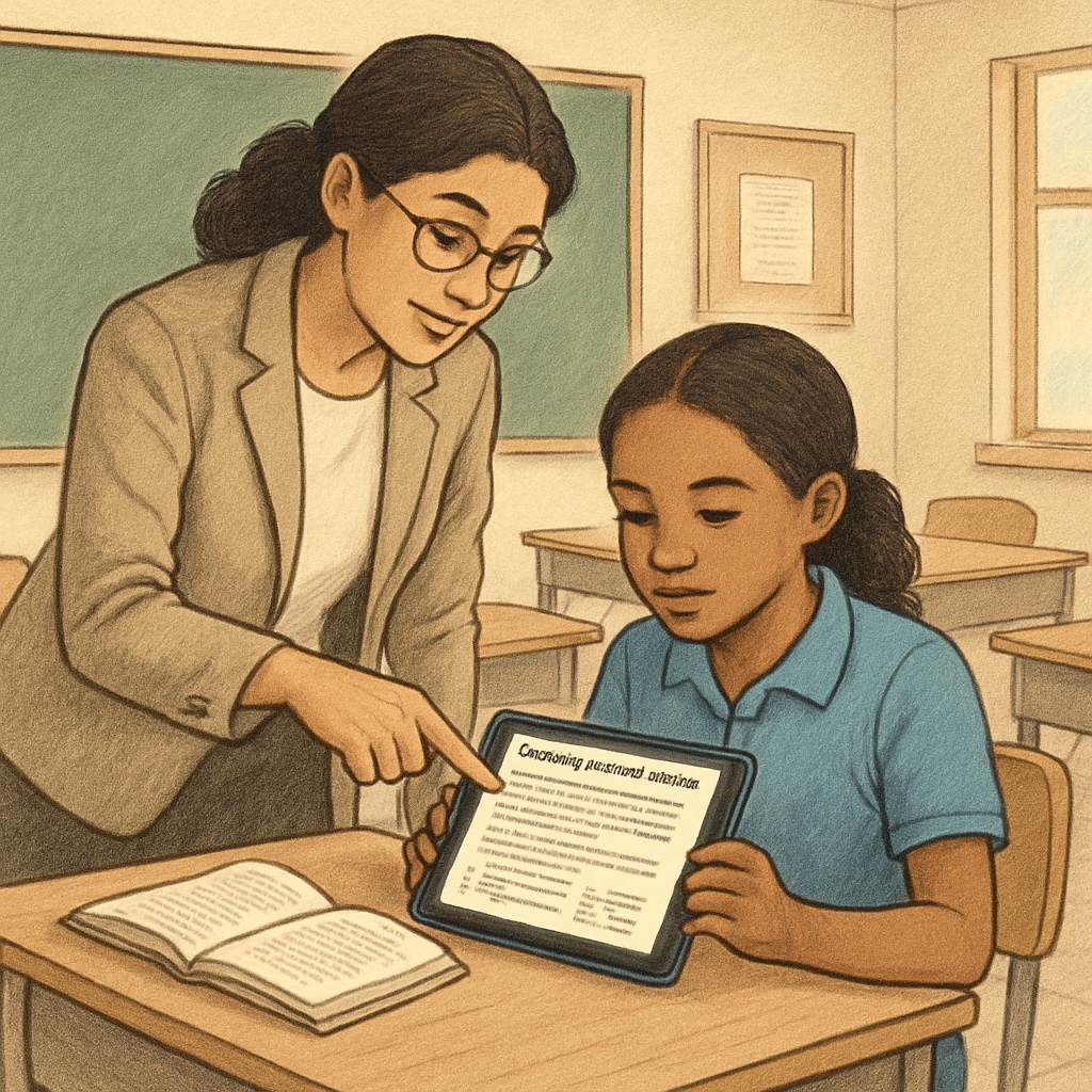 A teacher assisting a student with a reading comprehension exercise on a tablet in a classroom setting. Teacher helping a student with a tablet-based reading comprehension tool.