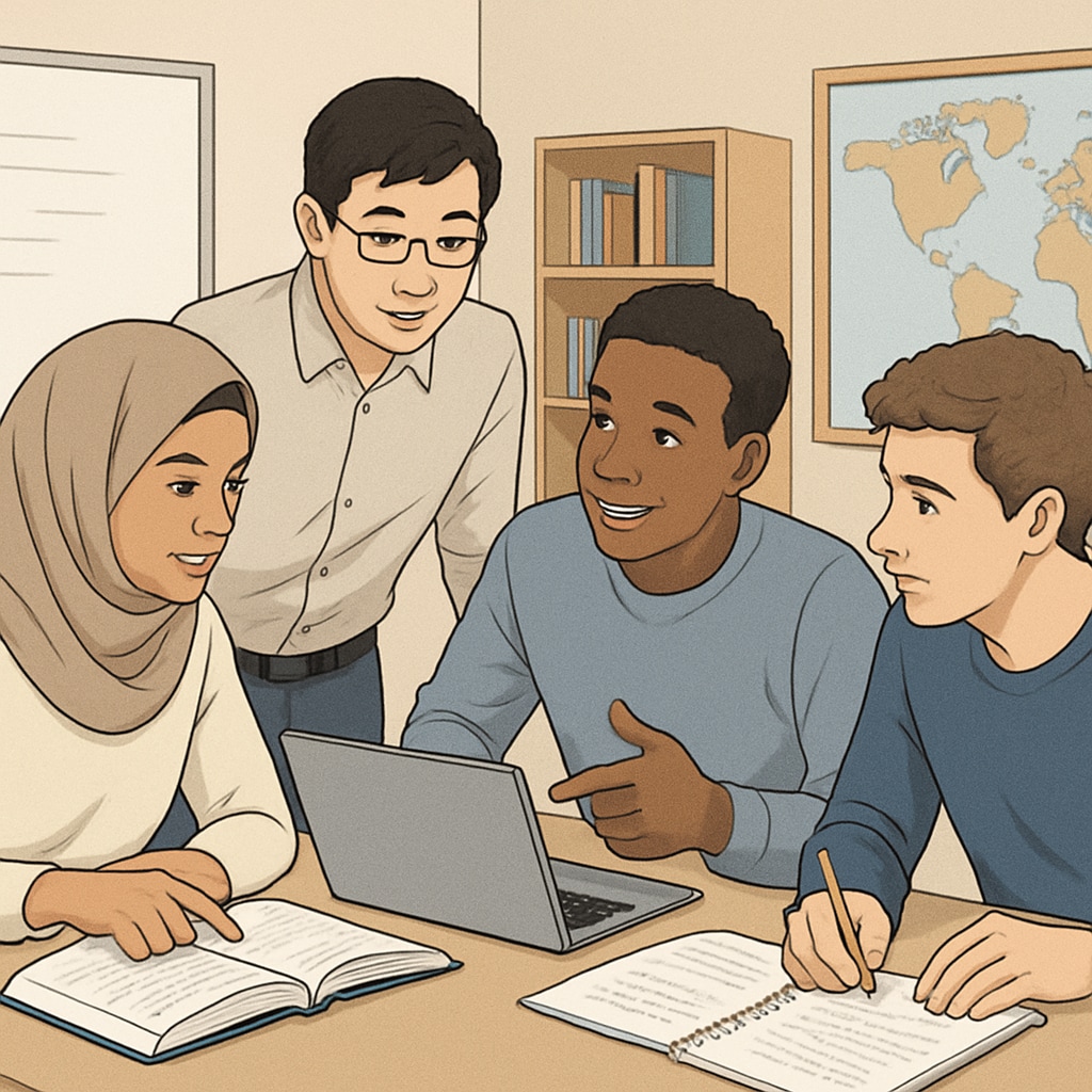 A group of international students collaborating on an academic project, emphasizing teamwork and language adaptation in an educational setting. International students working together on a project, symbolizing cross-language learning.