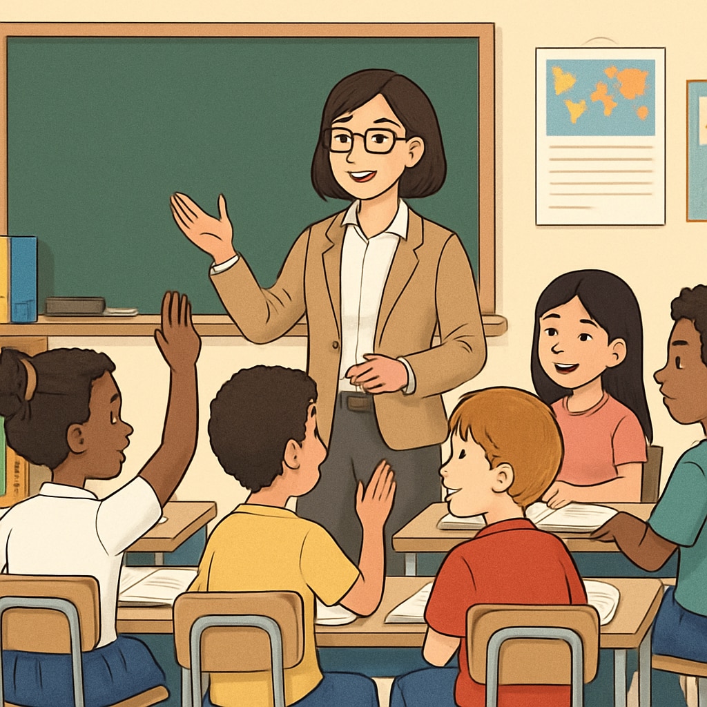 A classroom setting with a teacher standing in front of a diverse group of students, symbolizing inclusivity and the importance of unbiased education. Teacher in a classroom with diverse students, representing unbiased education.